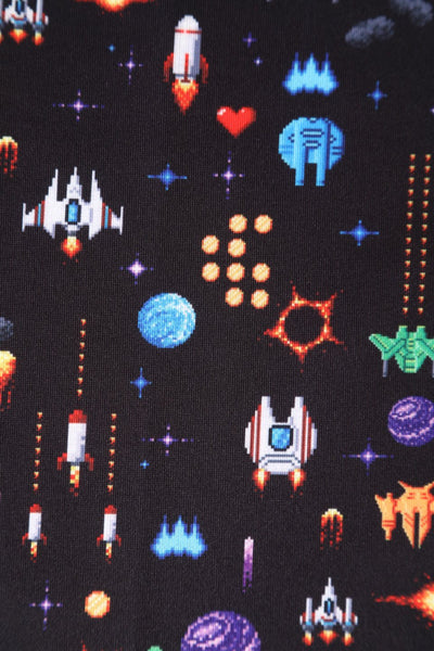 Close up view of Black Retro Arcade Game Flared Dress