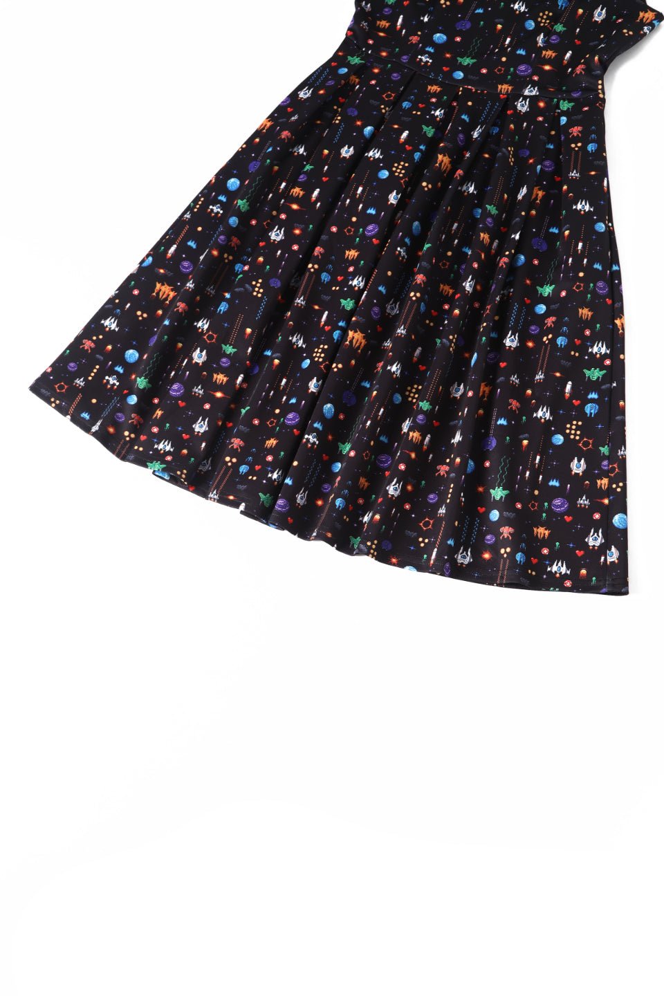 Close up view of Black Retro Arcade Game Flared Dress