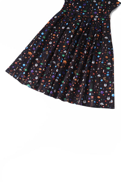 Close up view of Black Retro Arcade Game Flared Dress