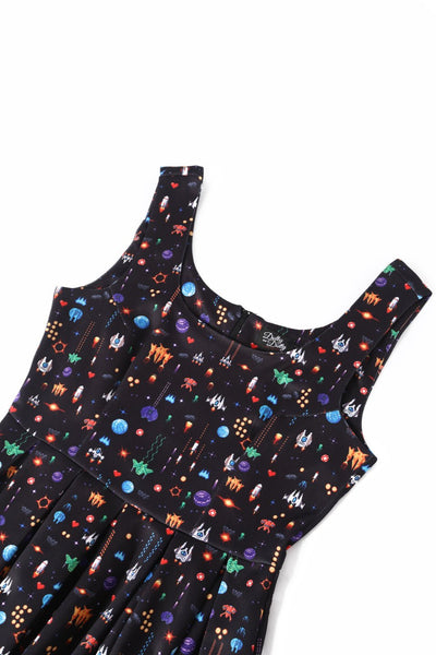 Close up view of Black Retro Arcade Game Flared Dress