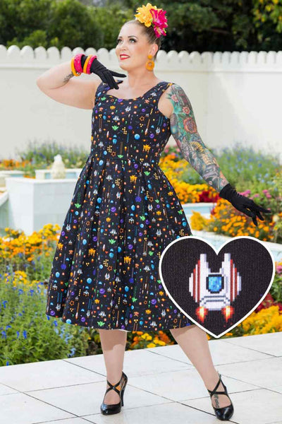 A model wearing a Black Retro Arcade Game Flared Dress