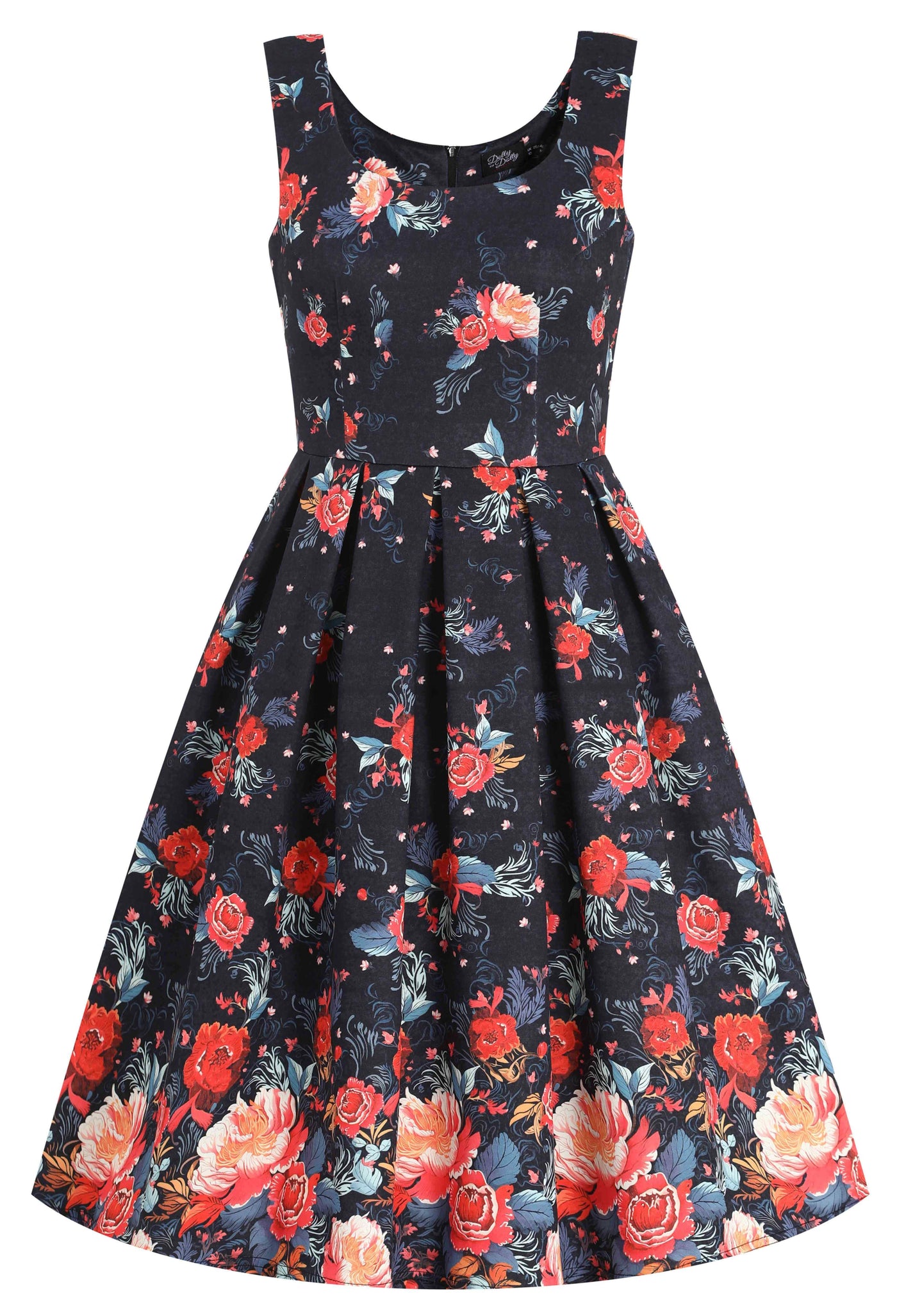 Front view of Amanda Black Tapestry Floral Swing Dress