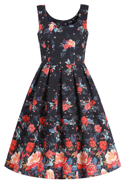 Front view of Amanda Black Tapestry Floral Swing Dress