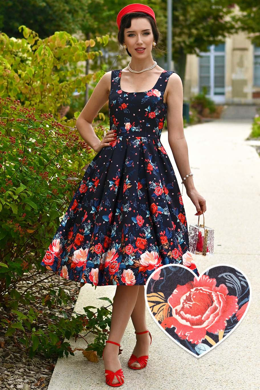 A model wearing an Amanda Black Tapestry Floral Swing Dress