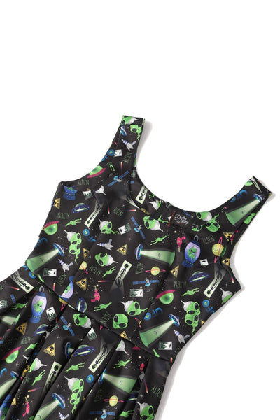 Close up view of Black UFO & Alien Swing Dress