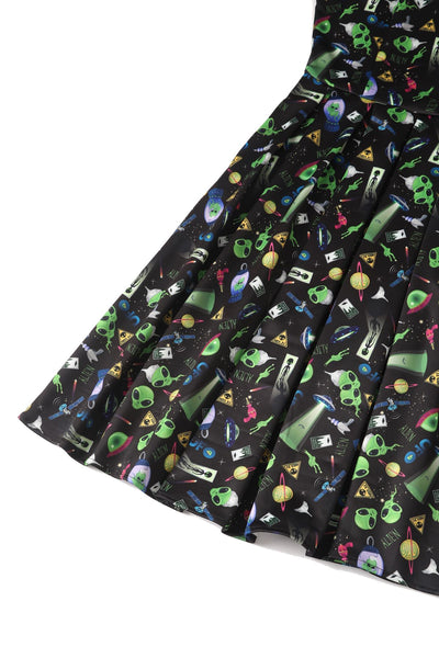 Close up view of Black UFO & Alien Swing Dress