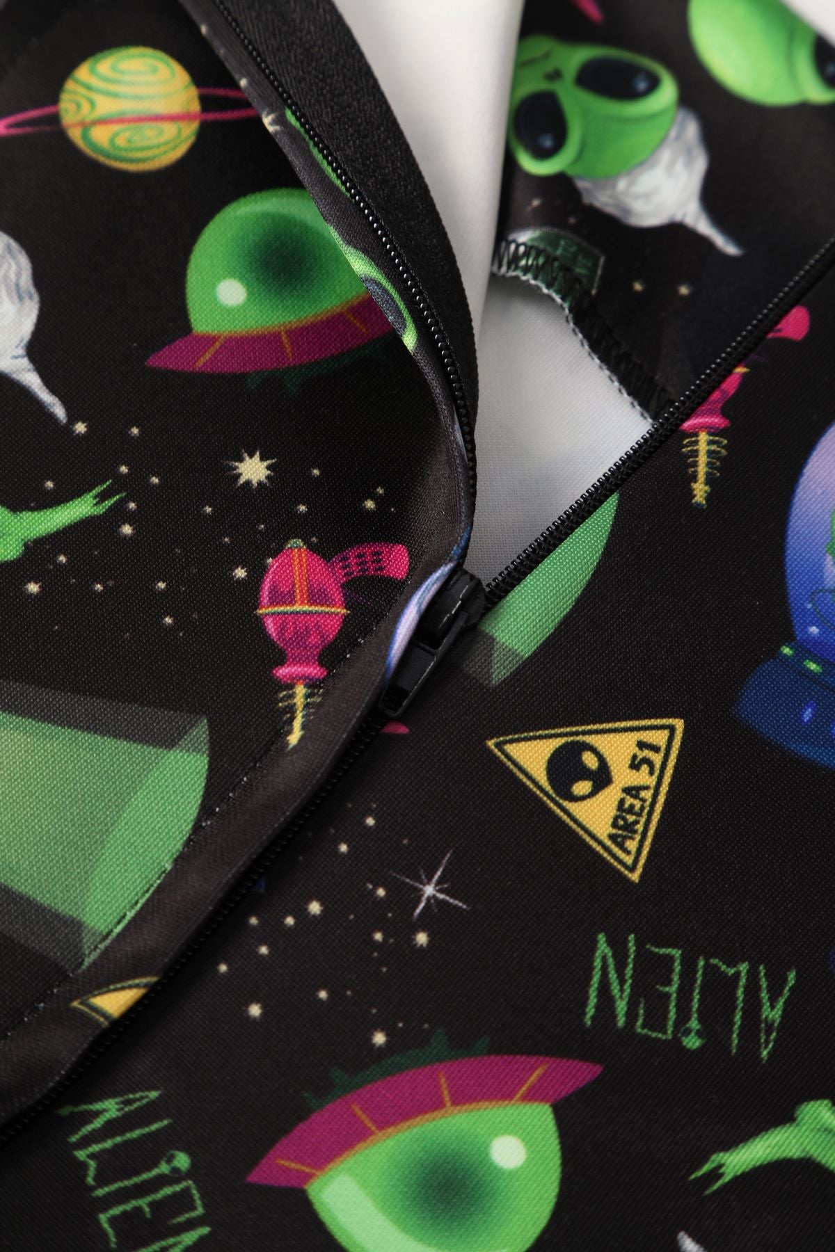Close up view of Black UFO & Alien Swing Dress
