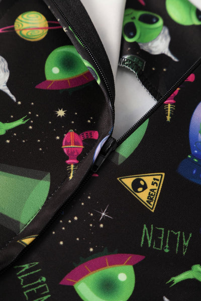 Close up view of Black UFO & Alien Swing Dress
