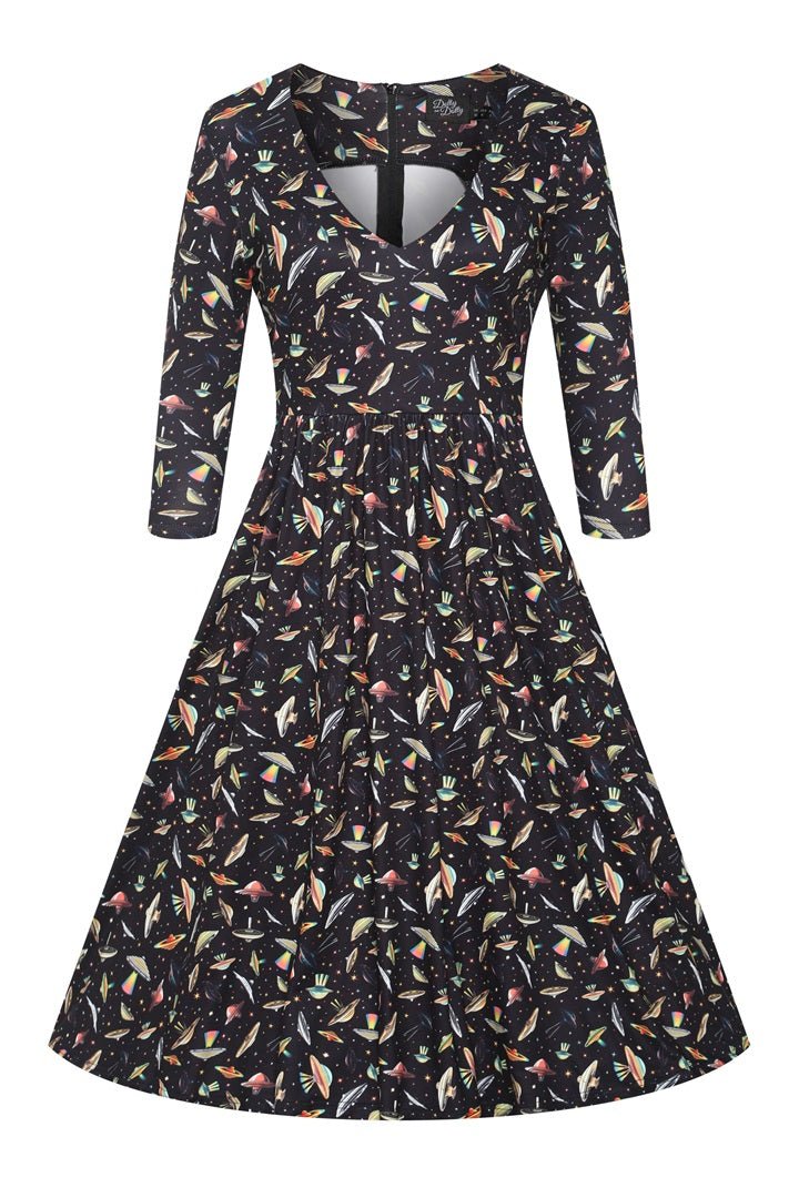 Front view of Black UFO Spaceship Alien Flared Dress