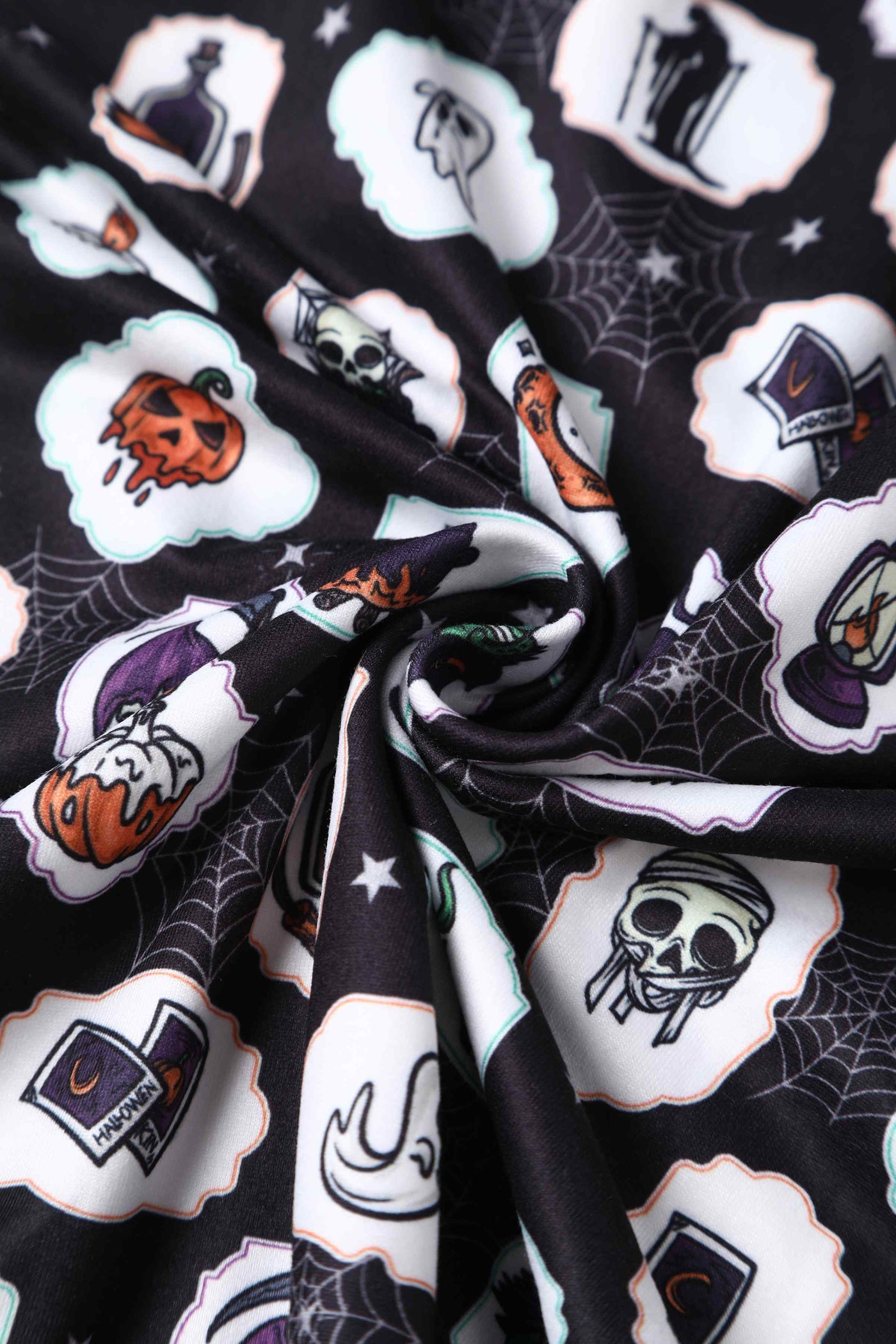 Close up view of Black with Spooky Halloween Print Long Sleeved Swing Dress