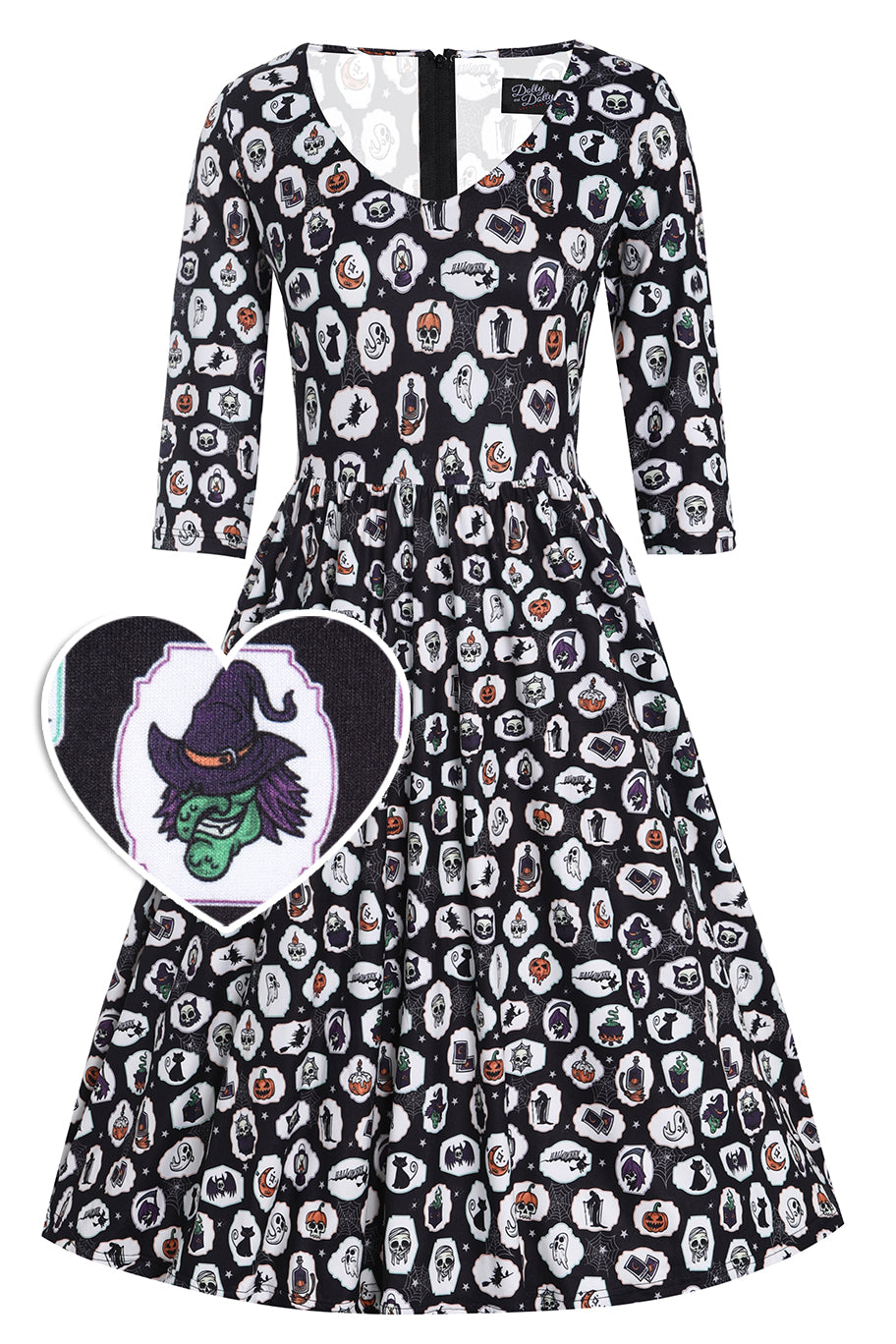 Front View of Black with Spooky Halloween Print Long Sleeved Swing Dress