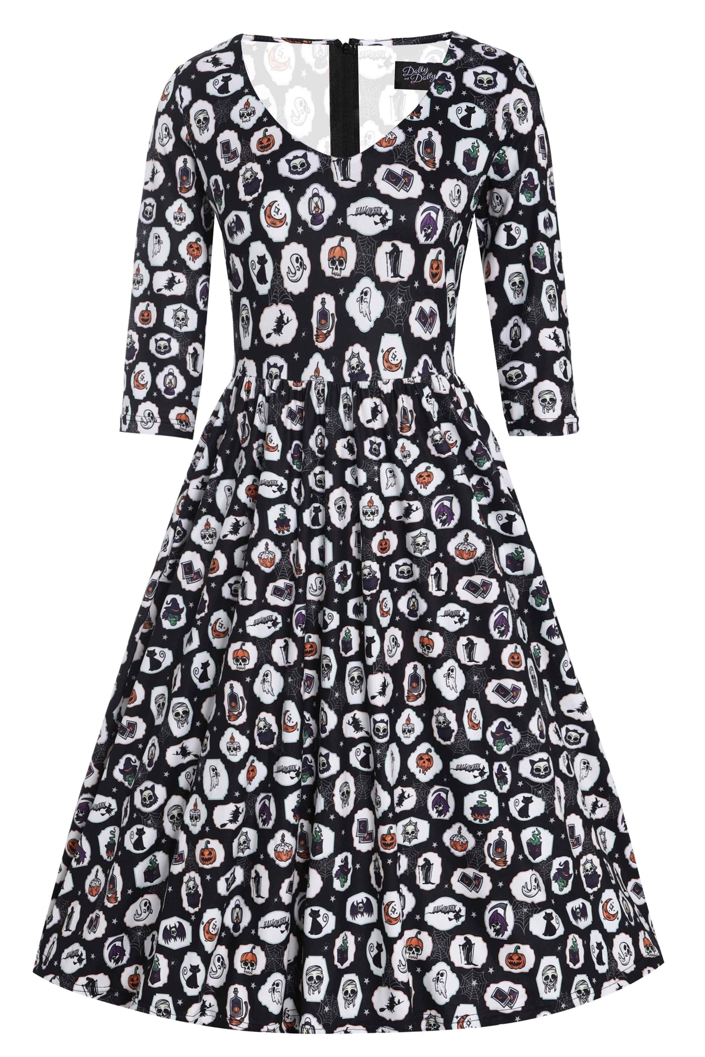 Front view of Black with Spooky Halloween Print Long Sleeved Swing Dress