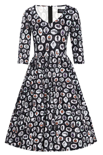 Front view of Black with Spooky Halloween Print Long Sleeved Swing Dress