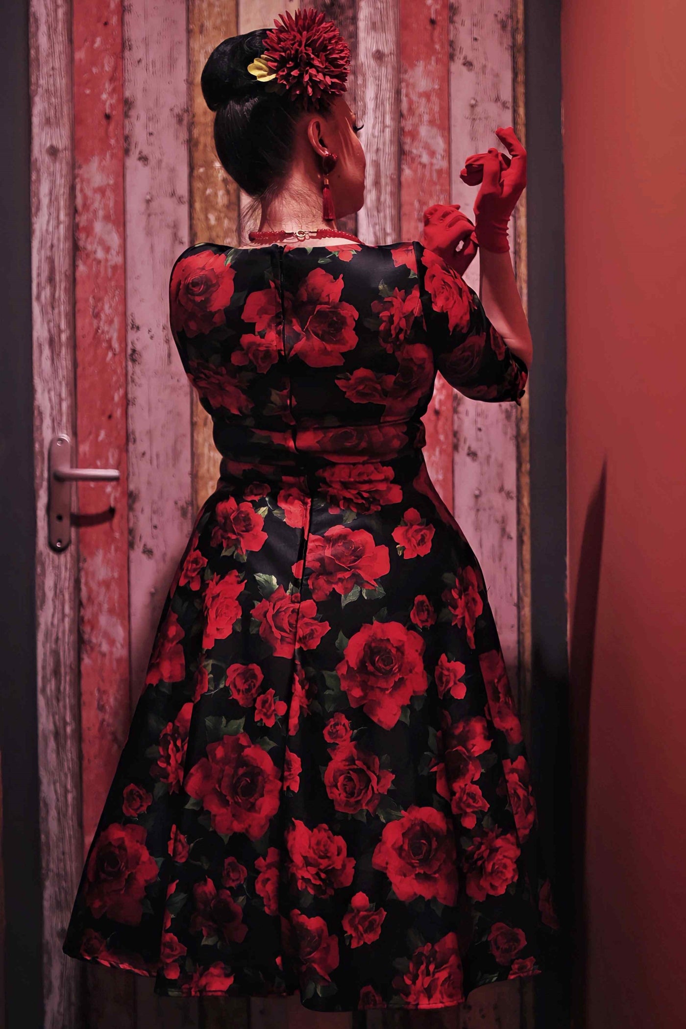 Scarlette Black/Red Rose Long Sleeved Midi Dress