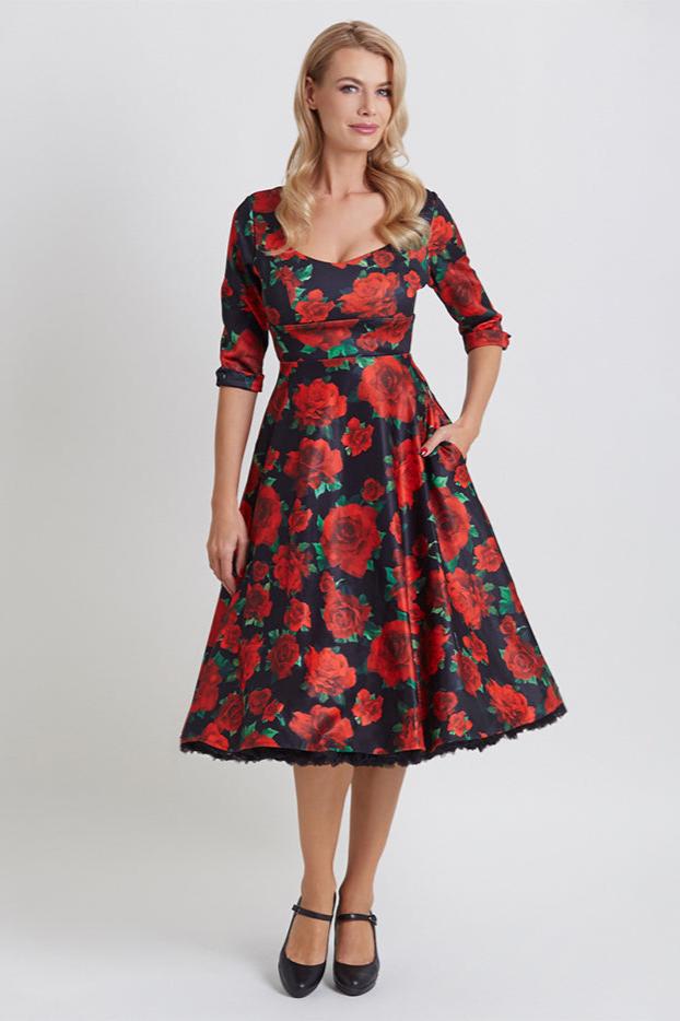 Scarlette Black/Red Rose Long Sleeved Midi Dress