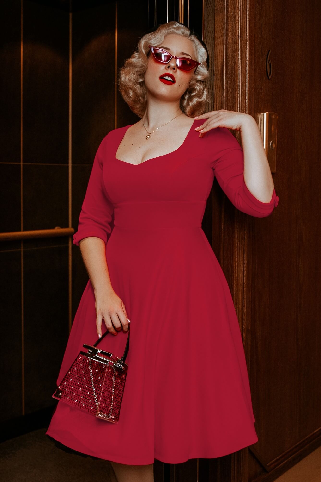 blonde model in Long Sleeved Burgundy Red Midi Day Dress