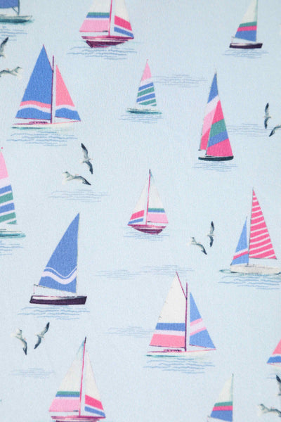 Close up View of Blue A-line Dress with Sailboat Prints
