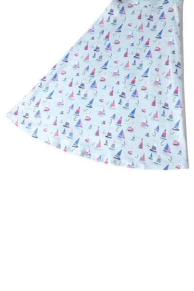 Close up View of Blue A-line Dress with Sailboat Prints