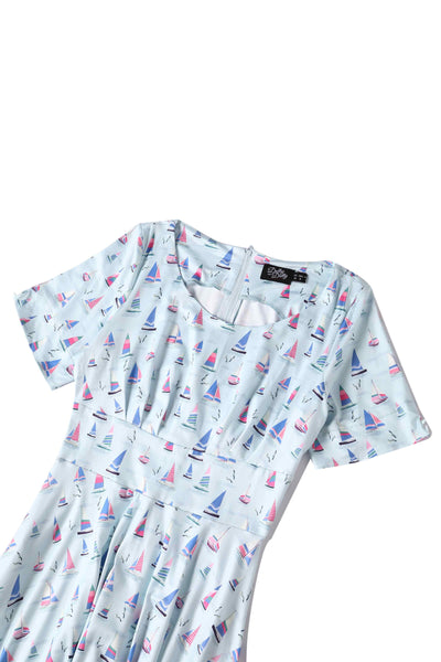 Close up View of Blue A-line Dress with Sailboat Prints
