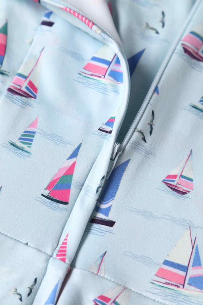 Close up View of Blue A-line Dress with Sailboat Prints