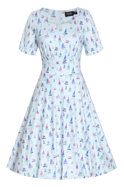 Front View of Blue A-line Dress with Sailboat Prints