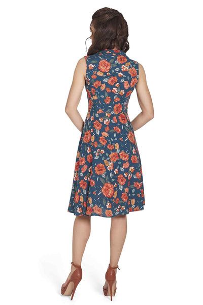 Model photo of Blue & Orange Floral Collar Dress