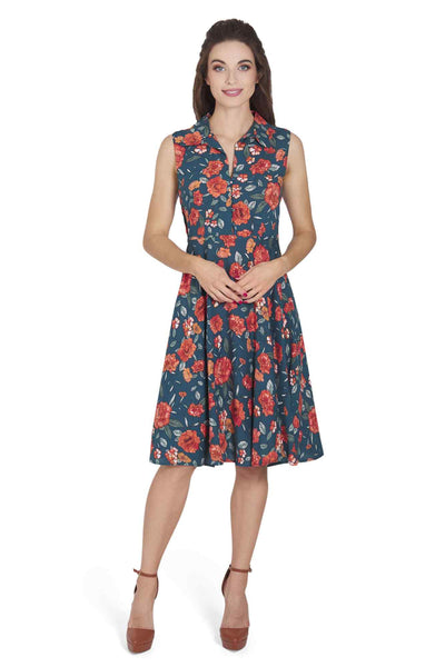 Model photo of Blue & Orange Floral Collar Dress