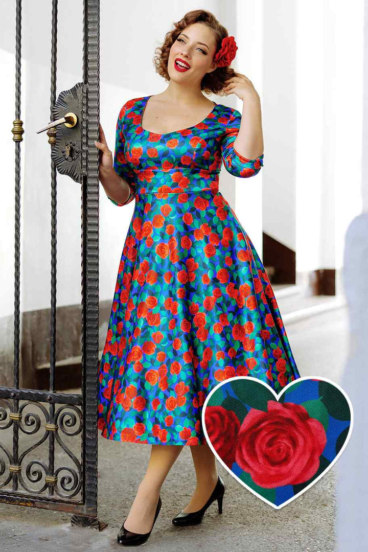 Scarlette Blue & Red Rose Dress