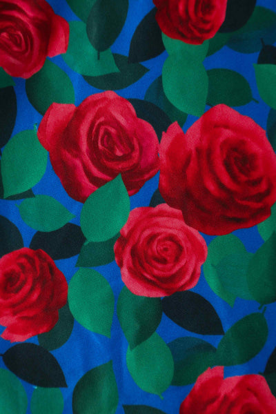 Blue and Red Roses three fourth Sleeved Swing Dress Fabric Close Up