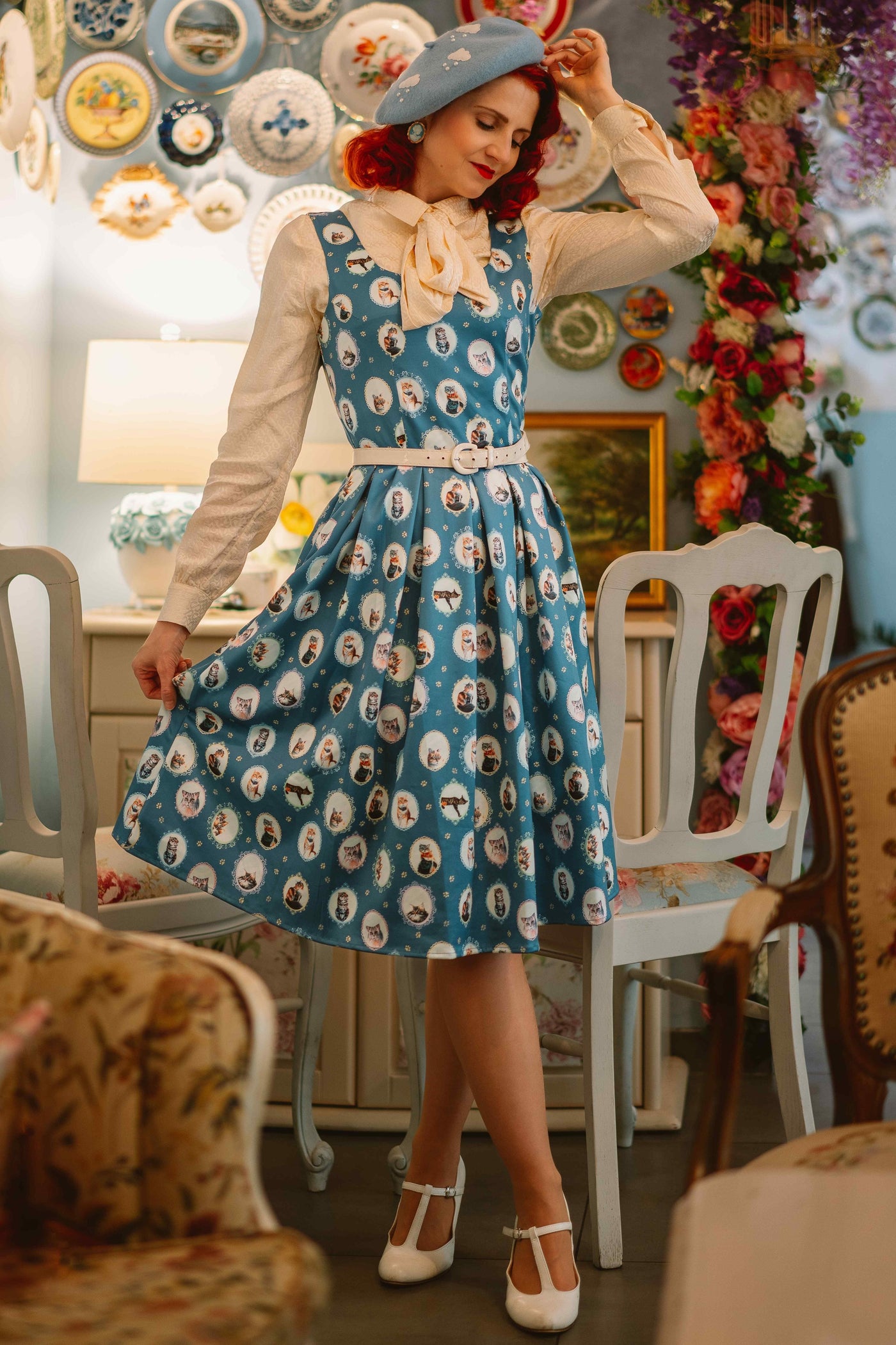 Blue Cat In The Mirror Swing Dress