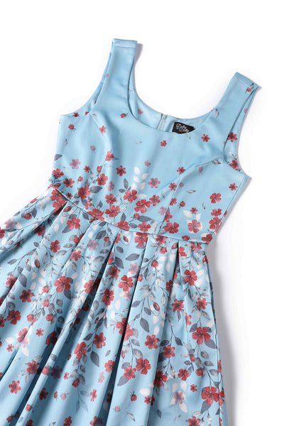 Close up view of Blue Falling Flower Swing Dress