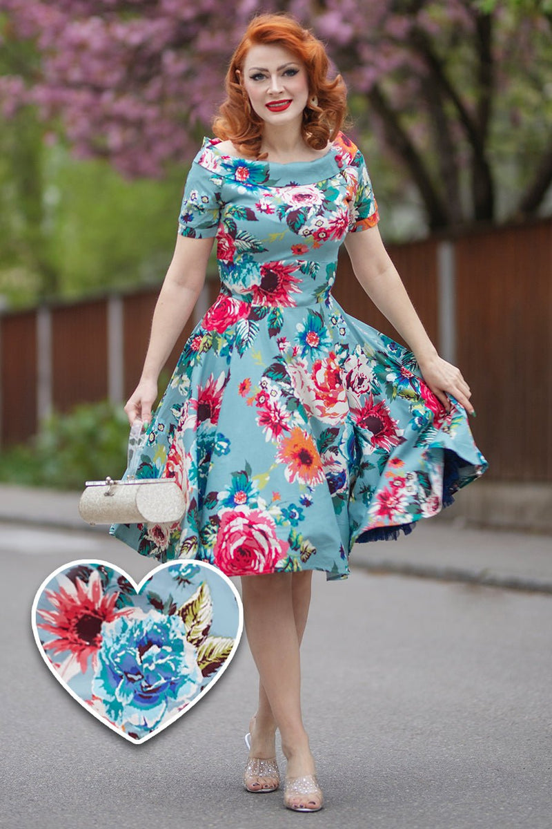 Darlene Blue Floral 1950s Collar Swing Dress - Dolly and Dotty Darlene Blue Floral 1950s Collar Swing Dress - Dolly and Dotty