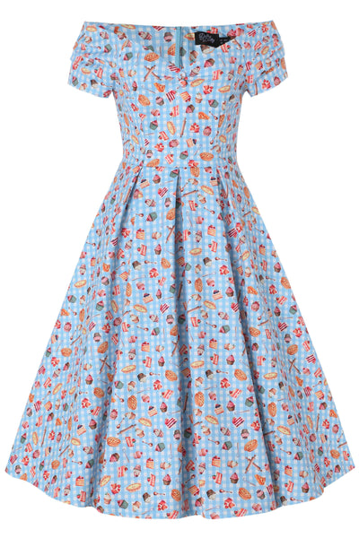 Front view of Blue Gingham Off Shoulder Dress In Baking Print