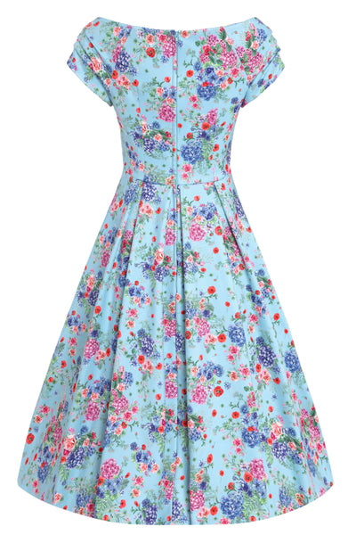 Back view of Blue Hydrangea Off Shoulder Dress In Cotton