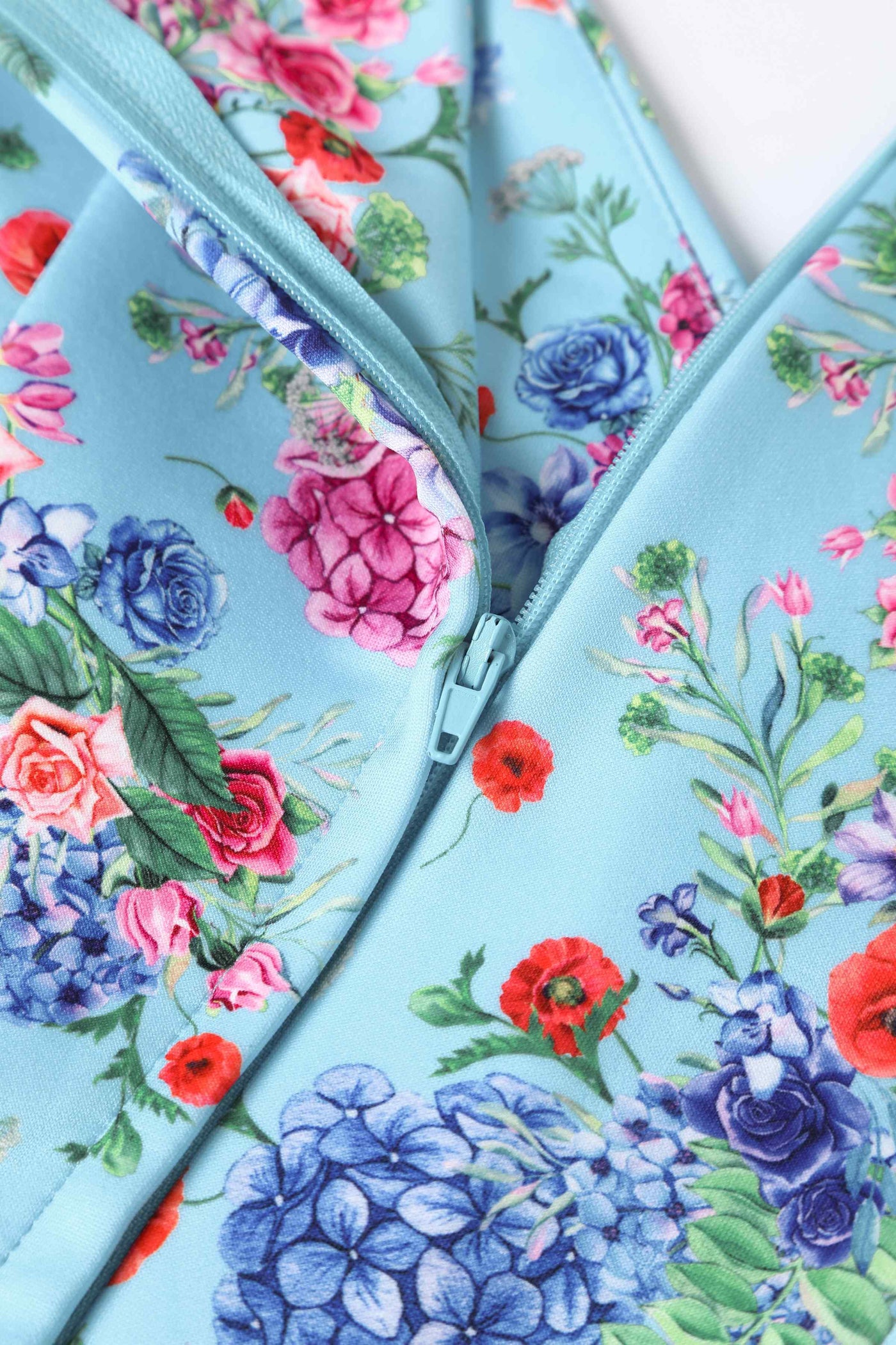 Close up view of Blue Hydrangea Off Shoulder Dress In Cotton
