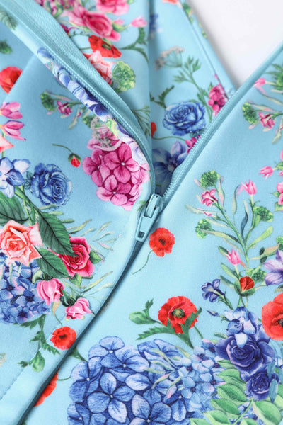 Close up view of Blue Hydrangea Off Shoulder Dress In Cotton