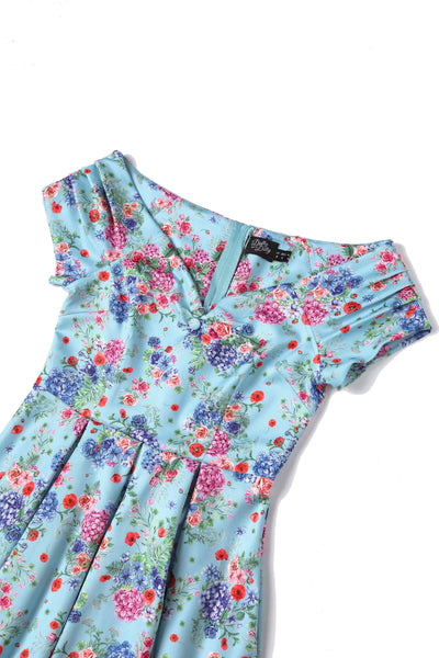 Close up view of Blue Hydrangea Off Shoulder Dress In Cotton