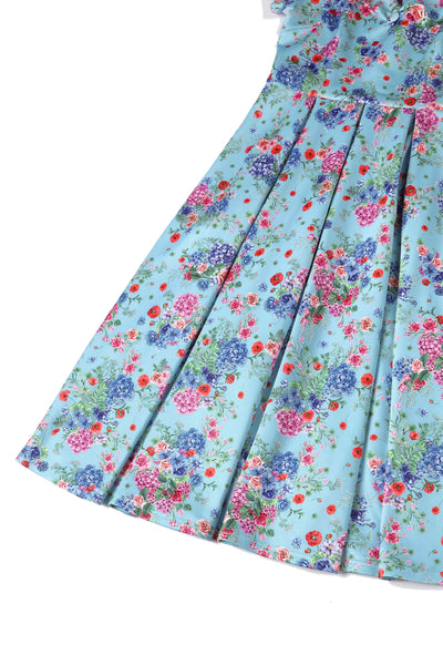 Close up view of Blue Hydrangea Off Shoulder Dress In Cotton