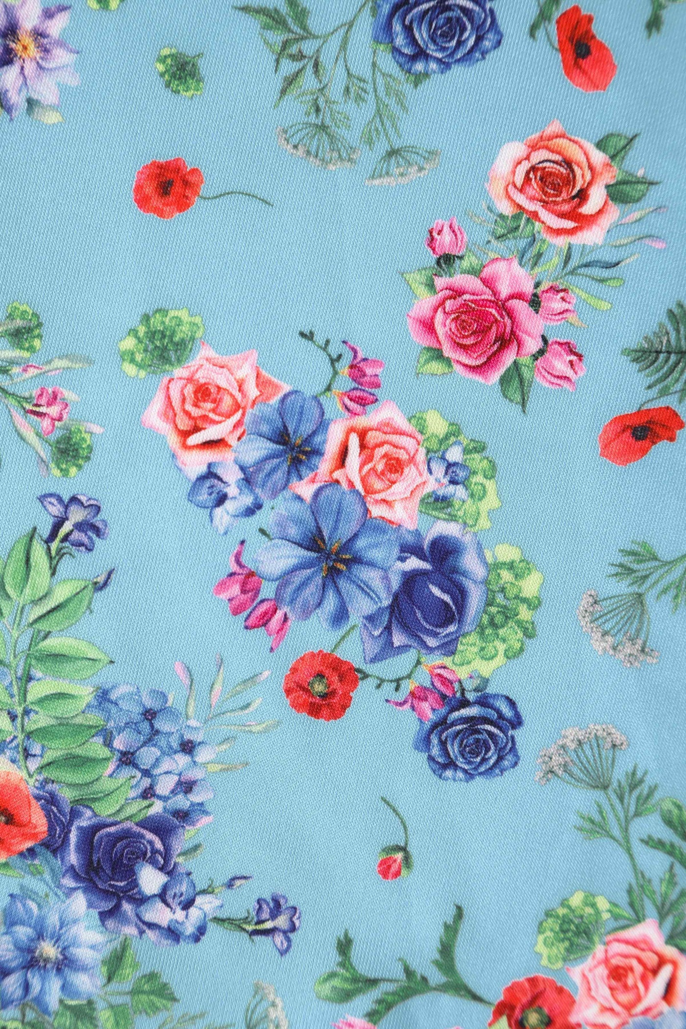 Close up view of Blue Hydrangea Off Shoulder Dress In Cotton