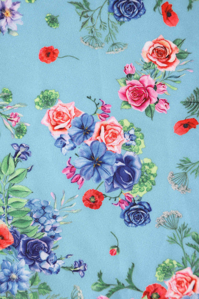 Close up view of Blue Hydrangea Off Shoulder Dress In Cotton