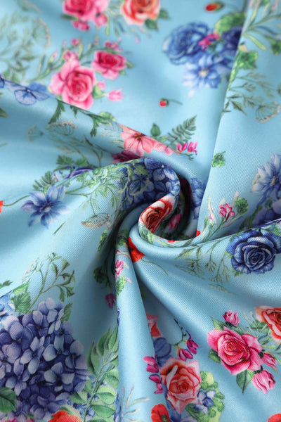 Close up view of Blue Hydrangea Off Shoulder Dress In Cotton