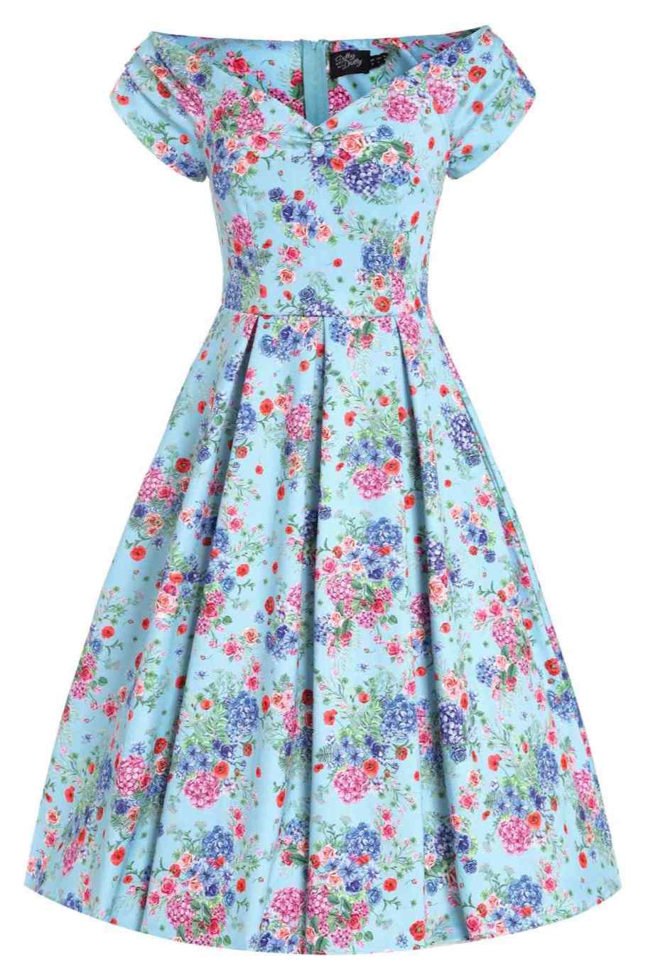 Front view of Blue Hydrangea Off Shoulder Dress In Cotton