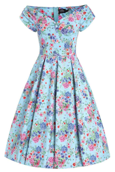 Front view of Blue Hydrangea Off Shoulder Dress In Cotton