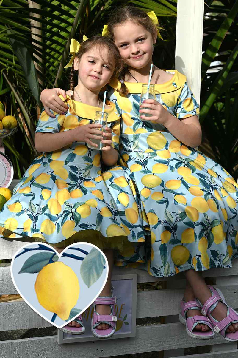 Girls Flared Dress in Blue Lemon