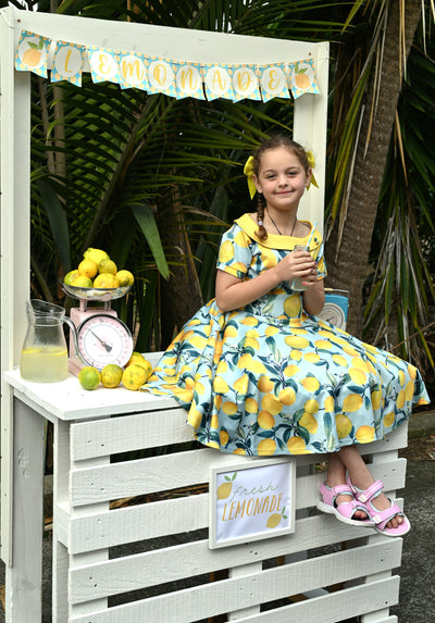 Girls Flared Dress in Blue Lemon