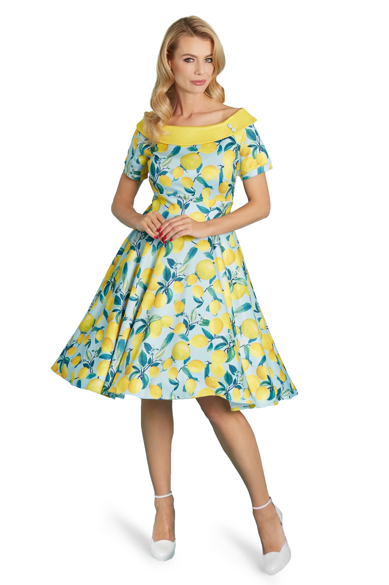 Darlene Off-Shoulder Vintage Dress in Blue/Yellow Lemon Print