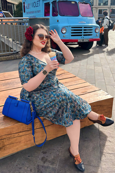 Blue Peacock Feather Wrap Dress