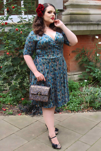 Blue Peacock Feather Wrap Dress