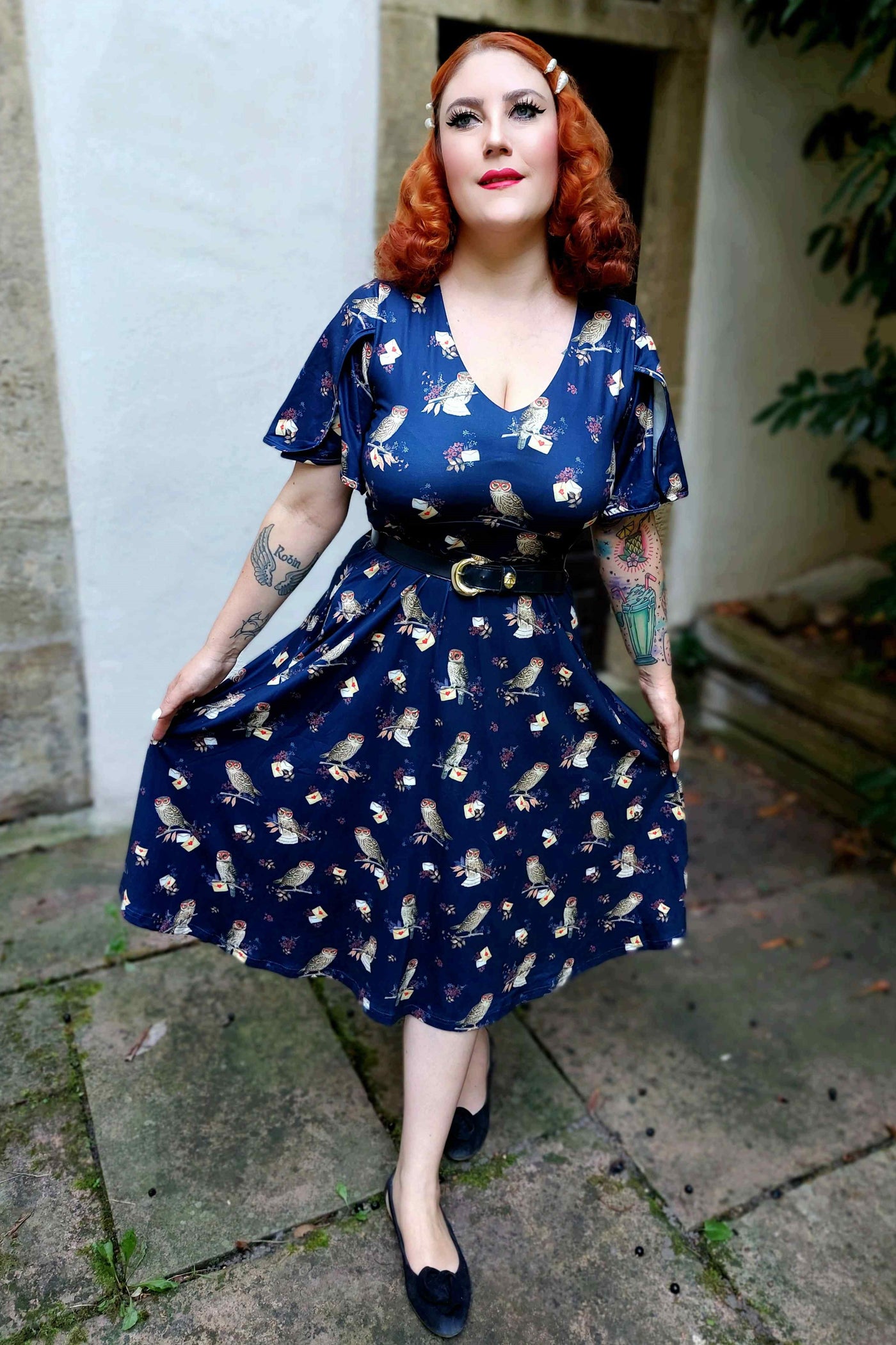 Blue Petal Sleeved Flared Dress In Owl Print