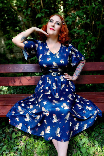 Blue Petal Sleeved Flared Dress In Owl Print